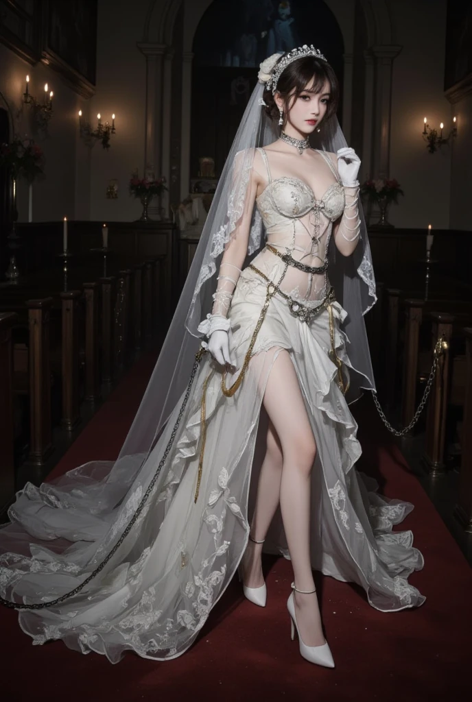 A ghostly bride wandering the halls of a dilapidated mansion, her ethereal form glowing softly in the dark, the intricate details of her Victorian gown and the surroundings hinting at a tragic, romantic backstory.