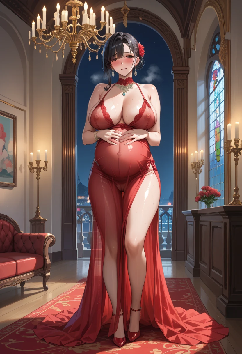 (masterpiece, best quality, glasses, full body), a pregnant Flandre scarlet giving a handjob