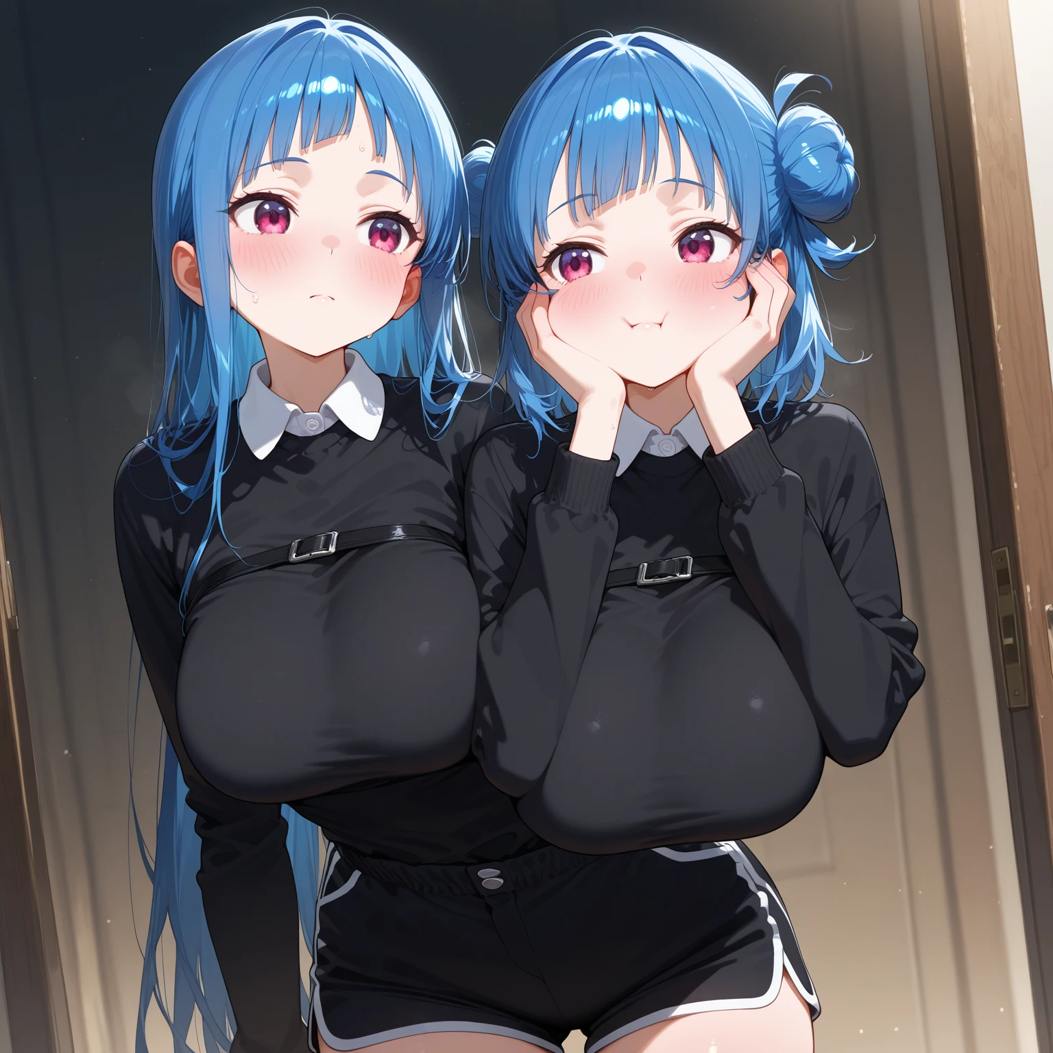 nsfw,((2girl),(yuri),(gazed at each other)),(masterpiece, best quality), High resolution, Very detailed,4K,8k, ((Anatomically correct number of limbs),(Anatomically correct number of fingers),(Anatomically correct number of breast)),((steam,Wet:1.3,shiny), (blue hair,pink hair),(school swimsuit, see through:1.3,shiny clothes:1.3), ((big breasts),(beautiful breasts,curvy),(breast milk,lactation), ((girl trembling with sexual climax)),(blush,(orgasm:1.3),(aroused)),(Sweaty:1.3),(Drooling)), ((changing room)),(spoken heart)
