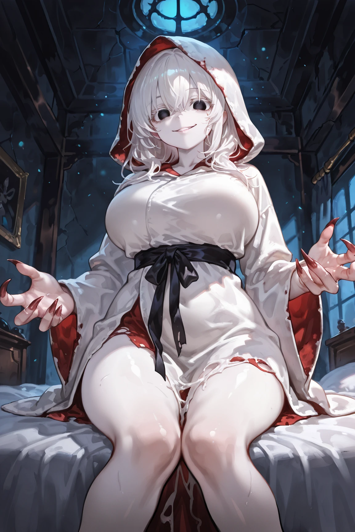 Browsing Caution, Kurumi Tokizaki, Sleep in bed,Long Hair, Silver Hair,Twin tails, hair band, Heterochromia iridis, Lightweight fabric,Nipples are visible through the, ,revealing clothes, Black choker, Expose your shoulders, Gothic, Red dress, Red Bow, Removable sleeves, ,((Super huge boobs)),Red ribbon,Show cleavage and nipple,Show your chest, (hooded clothing)、blush、medieval style mansion、Very detailed、High resolution、4K、masterpiece、High resolution、(Eyes half closed:1.3)、(Sweaty:1.3)、(Press one&#39;Push your groin forward),((many hands,Multiple hands,A large number of hands,Multiple hands)),Touching the nipples,Pinch your nipples,Massage the breasts, orgasm,girl trembling with sexual climax