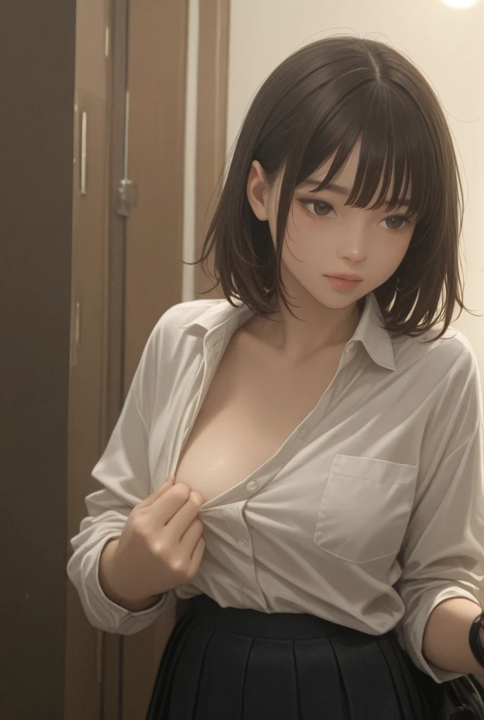narrow、Messy、Messy room。As if looking down(Highest quality:1.2), Very detailed, High resolution, masterpiece:1,2, Vivid and colorful,, Professional Lighting, Physically Based Rendering, Flat Color:0.8, Detailed illustrations, realism:1.37, Makoto Shinkai style, Your name style, Light brown hair, Elegant update,ponytail, Hairstyles such as chignon, Laugh together, Dynamic pose, Selfie, Upper body full sister、necklace、Earrings、bracelet、clock。naked、Show off your full breasts, Areola、Nipples、I love you 、Bitch、Obscene、Small breasts、Pubic hair is visible、Genitals are visible、The whole body is visible、Anime Drawings、figure。The whole body is visible、All naked、