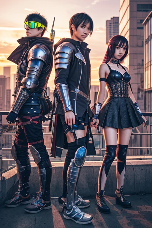 anime characters walking in a plaza with a building in the background, style game square enix, many npcs on the streets, <mmorpgs scene, fashion gameplay screenshot, mechanic punk outfit, cyber punk setting, jrpg fashion, style of final + fantasy + 1 5, cyberpunk outfits, style game square enix life, thancred waters in style of wlop,realistic,hyper realistic