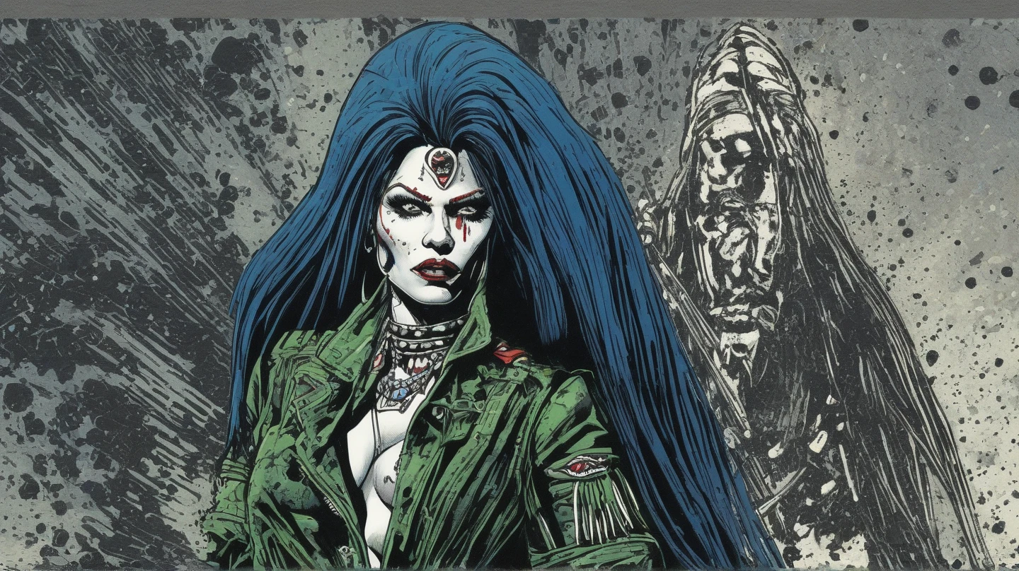 Heavy Metal magazine cover, (best quality, masterpiece), (detailed eye), intricate detail, depth of field, (white dreadlocks), beautiful sexy young woman p4m3l44nd3rs0n in a tattered fantasy scantily clad, ((black combat cargo pants)), black leather coat, ripped top, cleavage, white skin, black combat boots, dark grey cargo pants, art by Simon Bisley,