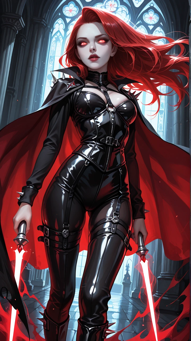 The image features a girl with long, bright red hair, dressed in a sleek skin-tight shiny black latex bodysuit with a deep-cut zipper neckline revealing a large chest, the silver zipper running down the front. The suit is complemented by a belt of shiny golden circles around her waist. She holds a gun in each hand in a ready position, while her other hand is touching her hair. Placed against a dark city backdrop, the scene includes buildings and might contain elements resembling a clock tower, suggesting an urban setting. This composition is emblematic of a superhero genre, highlighting central and ancillary characters, with an overtone of action and vigilance.