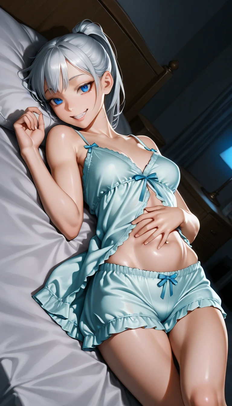 (Highest quality, masterpiece: 1.3), : 1, sexy: 1.5, Bob Hair,(Wet body: 1.2), Nightgown, beautiful, Cleavage, Ultra detailed face, Detailed lips, Detailed eyes, double eyelid, sexy, smile, beautiful Legs　attractive vagina