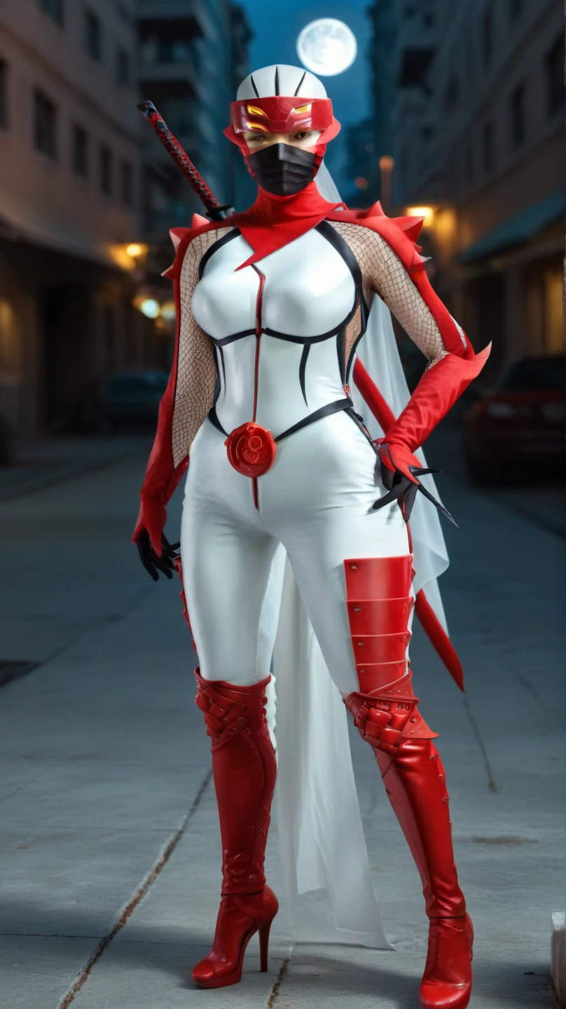 UHD, masterpiece, accurate, anatomically correct, super details, high details, high quality, best quality, 8k, high resolution. The heroine, Spider Woman (Gwen Stacy), looks beautiful in a full-length photo. Blue eyes, very short blonde hair, transform her into a goddess of beauty. Spider Woman's costume consists of: A tight jumpsuit with black and white stripes, reminiscent of a spider's web, Black boots with white details, White gloves, A black hoodie or jacket with white stripes. She looks very sexy, drawing attention to her big breasts and muscular body.