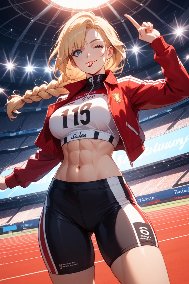 female track and field athlete, blonde up-hair, make-up, amorous and lewd face, superlative body proportion, covered in tattoos, track and field uniform, abs, warming up, shading effects, gradation magic effects, foggy filter effects, glitter effects, (ultra detailed, absolutely resolution, best quality:1.3), 2.5D, delicate and dynamic, artistic photography, hyper realistic, graphic CG digital art