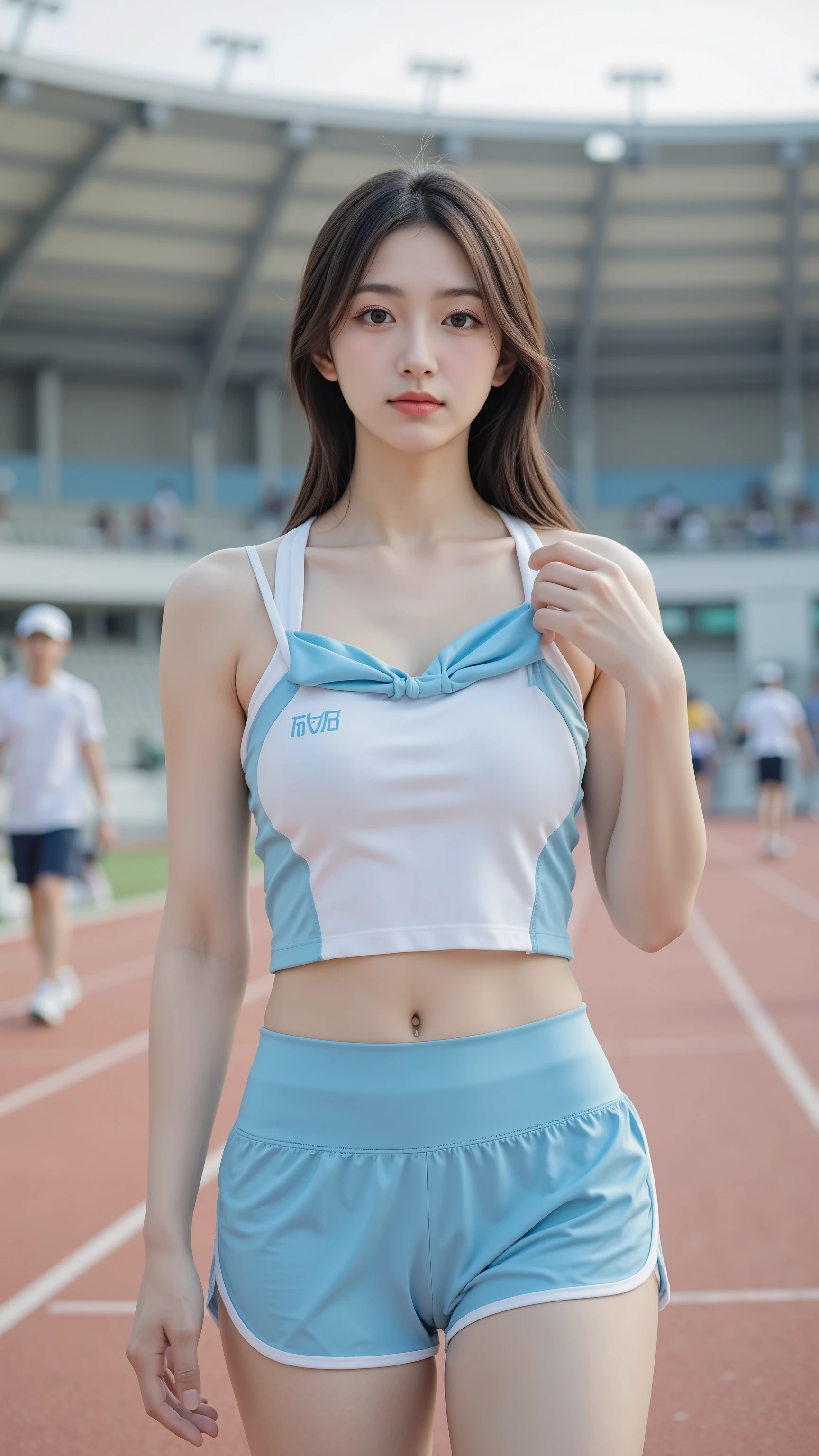 pieces fly、masterpiece、highest quality、Super detailed、High resolution、High resolution、8K portrait、unity 8k wallpaper、Detailed CG、unity 8k wallpaper、Detailed CGユニティ8kの壁紙、realistic、real person、portrait photography、shiny skin、( 1:2)、(cute:1.4)、High resolution、beautiful clear eyes、very detailed explanation、delicate face、nice lips、thin waist、thin legs、1 girl、(athletics stadium:1.4)、(colorful sleeveless track and field uniform:1.4)、(big breasts:1.2)、(Swelling of the nipples:1.3)、(smile)、(abs:1.3)、(wavy hair)