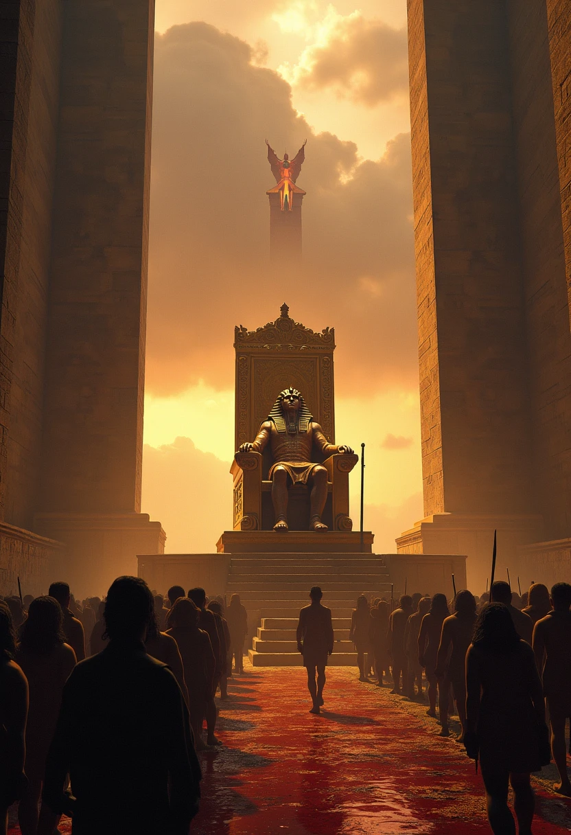 people standing around a statue of a horned demon, a demon with a goat head and large horns, strong and strong upper body, demon fur, fur, ((claws, wings)), demon armor, splashes of blood, Skulls on the floor, standing in a blood ritual, demonic sanctuary, Satanism, Molech, in style the devil sitting, large statues, Lucifer, Satanic ritual, satanic body, Hail Satan