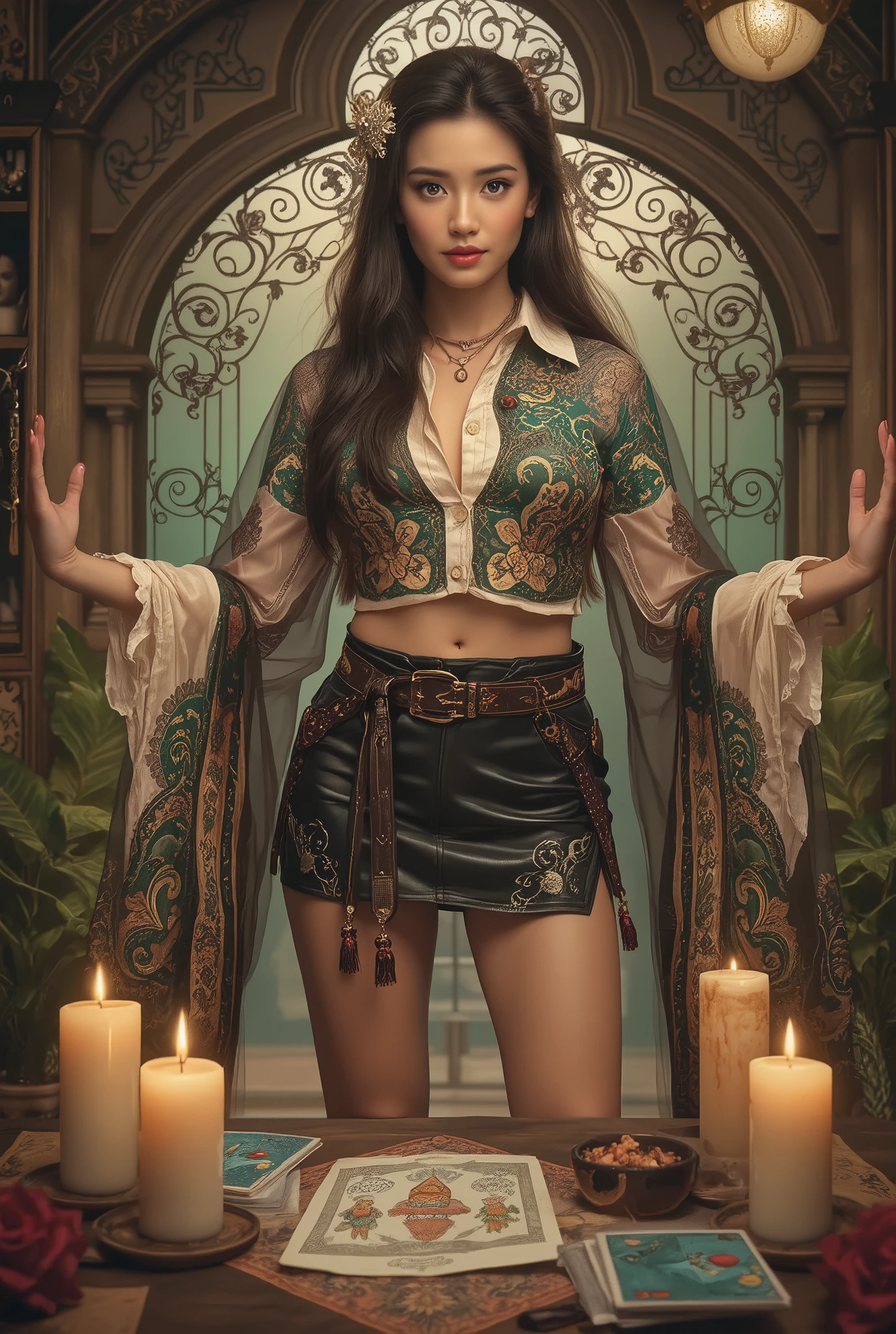 最High Quality, masterpiece, nothing, Female 1, 5, Japanese, Western-style fortune teller costume , Hair Ornament, necklace, jewelry, beautiful face above the castle gate, gentle smile, and _body, tyndall phenomenon, photorealistic, Divination Room, candles on the table, tarot card with mana, rim lighting, Tight buttoned shirt 、miniskirt、two-tone lighting wearing high heels, (high resolutionの肌:1.2), 8K Ultra HD, dslr, Soft Lighting, High Quality, volume lighting, , pictures, high resolution, 4K, 8k, Bokeh