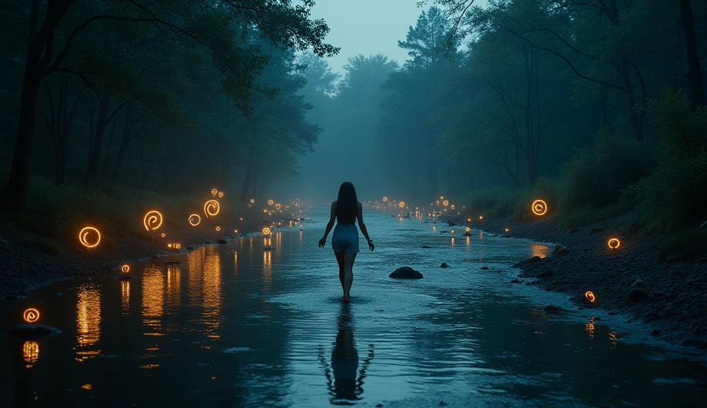 a clear lake in an alien planet covered with plants with unknow origin and has bioluminescent flowers with neon-lit petals , dark, dark fantasy , lake at sunrise. water filled unimaginable aura. a goddess bathing in water.