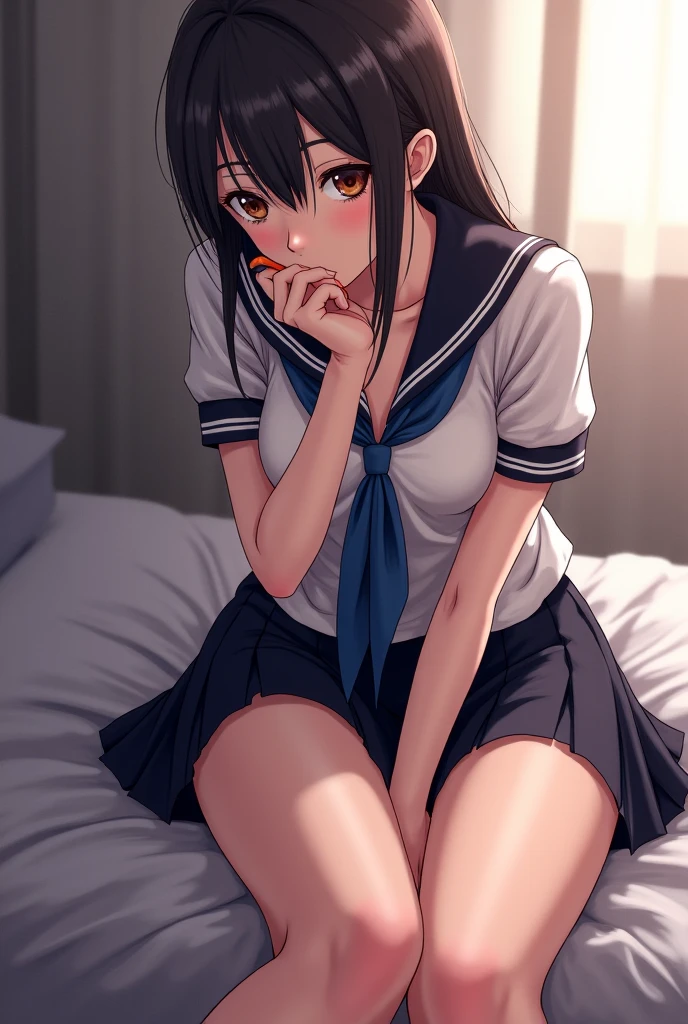 (1 person、alone), Beautiful woman, (Anatomically perfect body, Slender、(High school girls、Sailor suit:1.2)、 (Turn away:1.2)、 years old、(Highest quality)、Black Hair, (half updo:1.2), classroom、(8K, High resolution)、(shy:1.4)、small breast, (Thin legs、Small Ass)、(steam:1.1), (embarrassed:1.3), Black socks、Brown Loafers、High definition face、wide shot、(Pussy juice:1.2), (extra detailed panty), (Lying on the floor:1.3)、(knees to chest), Cover your crotch with your hands, tears