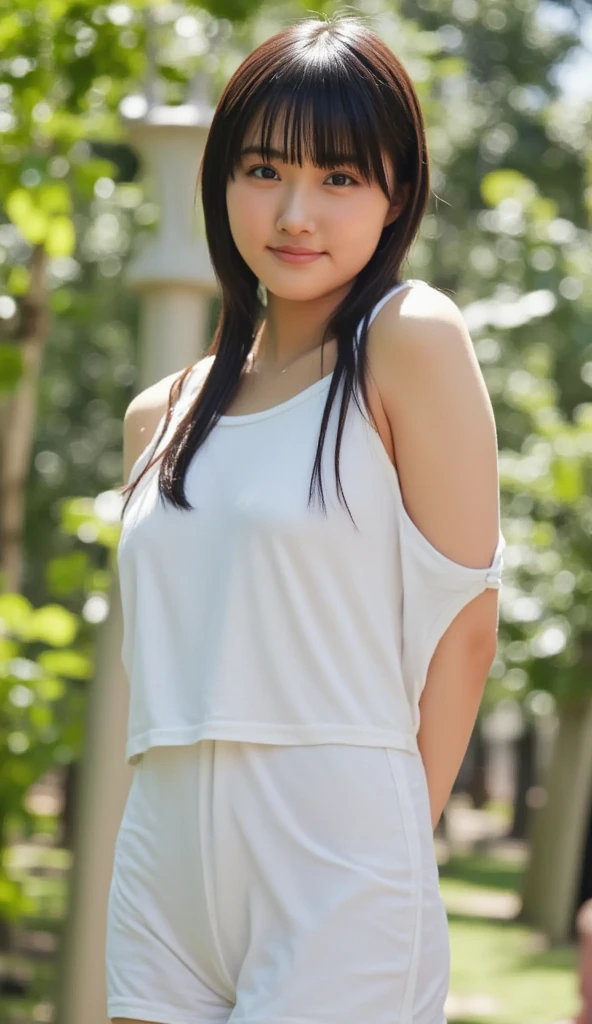 (sweat:0.7),,white short skirt,woman,japanese,exquisite face, beautiful face,bare shoulders,shoulders slightlcy exposed,translucent skin,black eyes,black hair,(photorealistic:1.4),realistic details, high resolution,bokeh,outstanding details