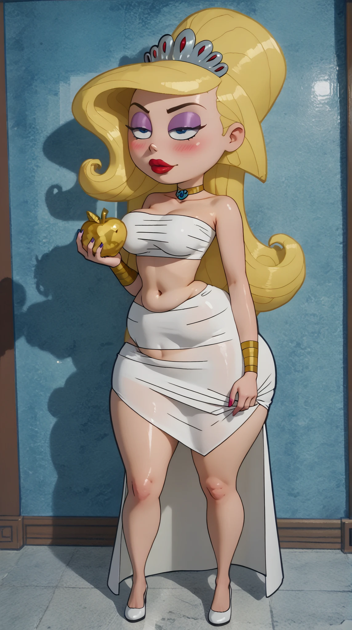 (best quality, masterpiece), (solid outline:1.2), Princess Peach, simple background, solo women, full body, Sexy pink dress, long blonde hair, crown, wavy hair, detailed face, smirking, medium breasts, model pose, shoes, Cleavage, face view, ass view, white panties, thong, hands behind head, white bra, big breasts