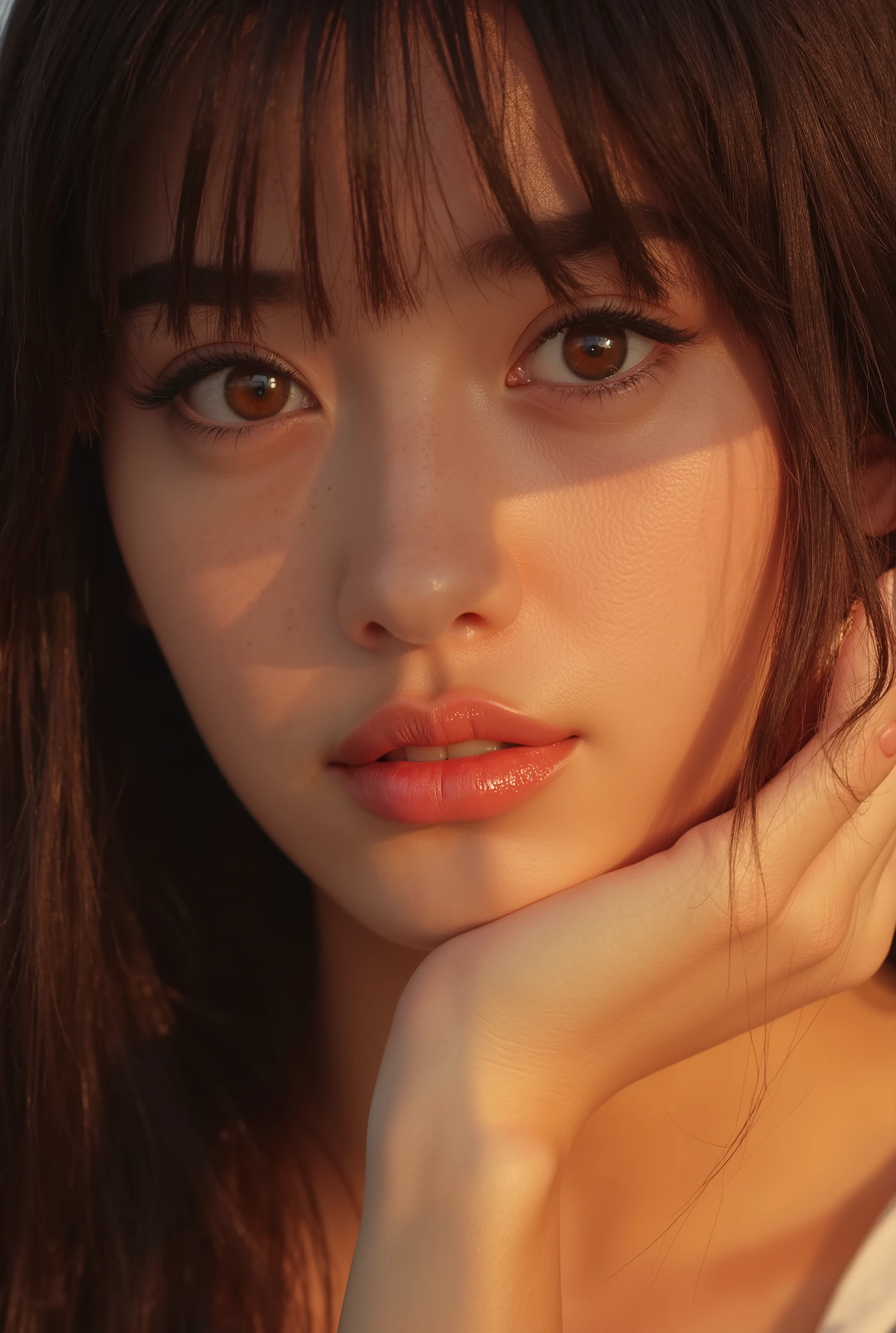 (Best Quality, 4K, 8K, High Resolution, Masterpiece:1.2) , (Super Detailed, Realistic, Photorealistic:1.37), beautiful face close-up, Highly detailed iridescent eyes, double eyelids, long eyelashes, slightly thicker lips, Half beautiful girl, super detailed moist skin texture, 8K Ultra HD, dslr, Soft Lighting, High Quality, volume lighting, pictures, high resolution, 4K, 8k, Bokeh