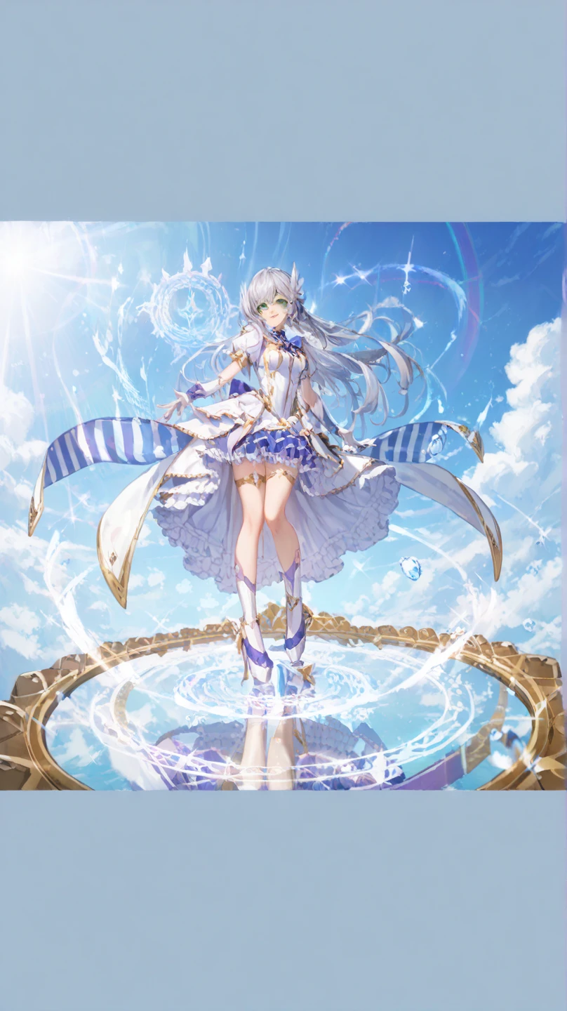 ((cute anime magical girl)) with ((waist-length silver hair)) and ((green eyes)), gracefully standing on a ((giant floating mirror)) in the sky. The mirror is large and reflective, clearly beneath her feet. She is seen from a ((dramatic low angle)), with her ((white magical girl outfit)) trimmed in ((gold)), featuring ((puffed sleeves)) and a ((layered frilly skirt)) fluttering upward. ((Blue and white horizontal striped panties)) are visible from below and reflected in the mirror. She wears ((elegant violet high heels)) that sparkle. The mirror glows with magic, surrounded by floating magical rings and shimmering light. ((regal)), ((noble)), ((fantasy setting)), ((soft lighting)), ((highly detailed)), ((dynamic composition)), ((beautiful face))
