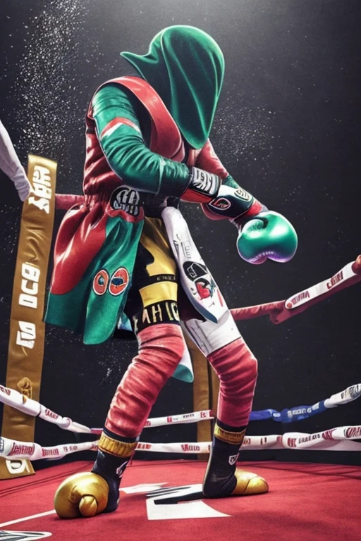 Muscular Riddler in green speedo and green eye mask with boxing gloves raised in a boxing ring