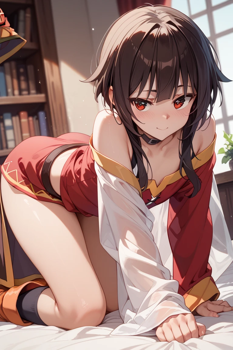 (8k, top quality, masterpiece: 1.2), super detailed, Megumin, Megumin from Konosuba, small breasts,NovaFrogStyle, ass focus, black panties, (((from behind))), Red dress, anime art style, lying on bed