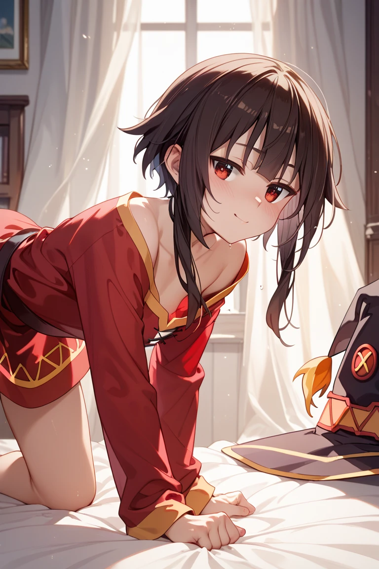 Megumin, One girl，alone，Short and long hair，Brown Hair，Red Eyes，Small breasts，clavicle，Red dress，Gold border，Black choker，Bandage on leg，Women&#39;s Toilet，Inside the private toilet，