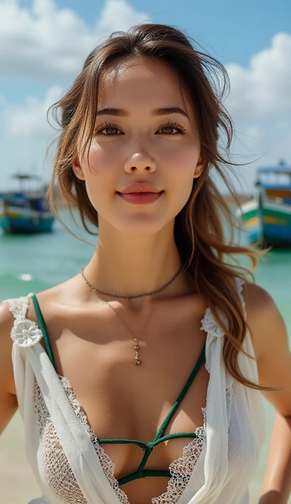 closeup headshot of S115_DianaJam, a gorgeous woman, on a (beach:1.2), wearing a (t-shirt:1.2), (8k, RAW photo, best quality, depth of field, ultra high res:1.2), (absurdres, intricate, photorealistic, masterpiece, ultra-detailed, Unreal Engine:1.3)