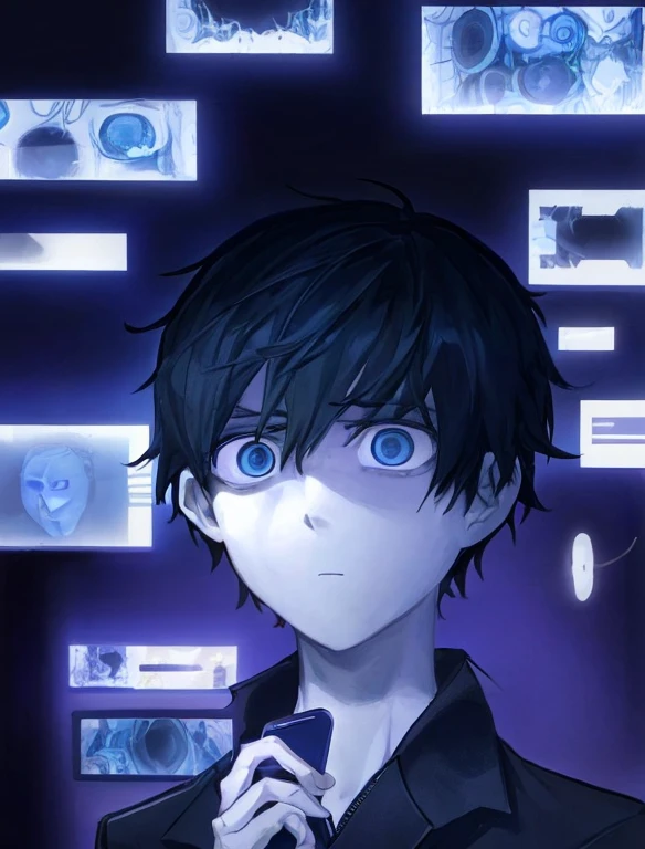 solo, male, anime character with black framed glasses and black hair, blue eyes, apathetic and bored expression, shadows spirits behind character with humanoid faceless bodies