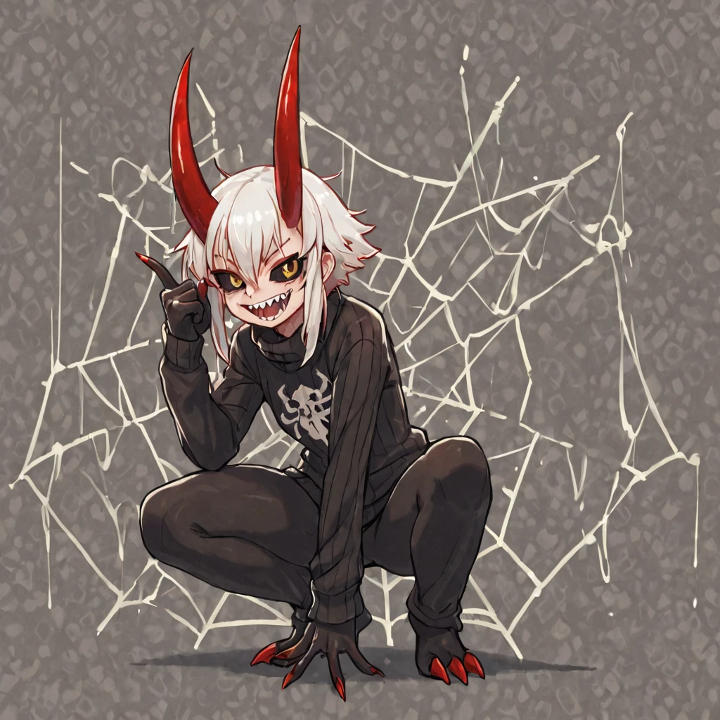 score_9, score_8_up, score_7_up, rating_explicit, source_anime, (((intricate design))) (((Top quality))) (((16K))) (((High Definition))) 16K splash art, high-res, ultra sharp, ((masterpiece)), the best quality, expressive eyes, perfect face, Super eyes, perfectly detailed anatomy, shiny skin, (((big pecs))) (((Volumetric lighting))) (((dark shadows))) (((cinematic lighting))) (((1male))) (((muscular))) (((bodybuilder))) (((broad shoulders))) large bulge, cyberpunk, (((mysterious appearance))), Pompadour, straight grey hair, red glowing eyes, glossy plump lips, scary, horror, multiple tongues (((grey skin))) ripped clothing, barefoot, spiders, piercings, lord of spiders, spider deity, moss, (((gothic outfit))) night, cave, multiple eyes, the spider god, demonic, dirty, sweating, moist environment, angry, chaotic, weaving web, Arachne, entangled, chains, web, bound, black liquid, 6 eyes, stilettos heels,