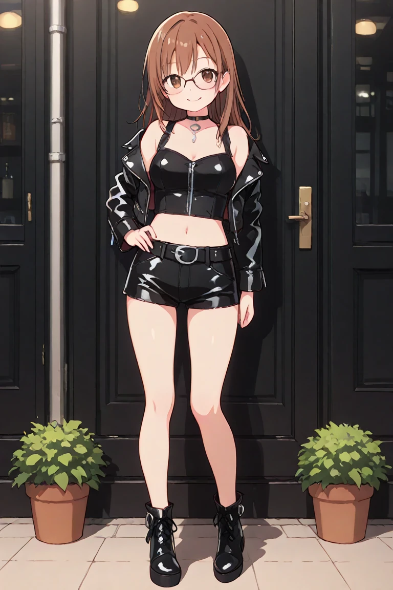 1girl, medium breasts, leotard, black and gold leotard, tight belt, bare legs, boots, matching boots, bracelets, city backdrop, solo, single, standing, full body shot, cowboy shot, beautiful detailed eyes, haruhi, looking_at_viewer, smile, short_hair, open_mouth, bangs, brown_hair, ribbon, cleavage, brown_eyes, hair_ribbon, :d, hairband, medium_hair, v-shaped_eyebrows, orange_hairband