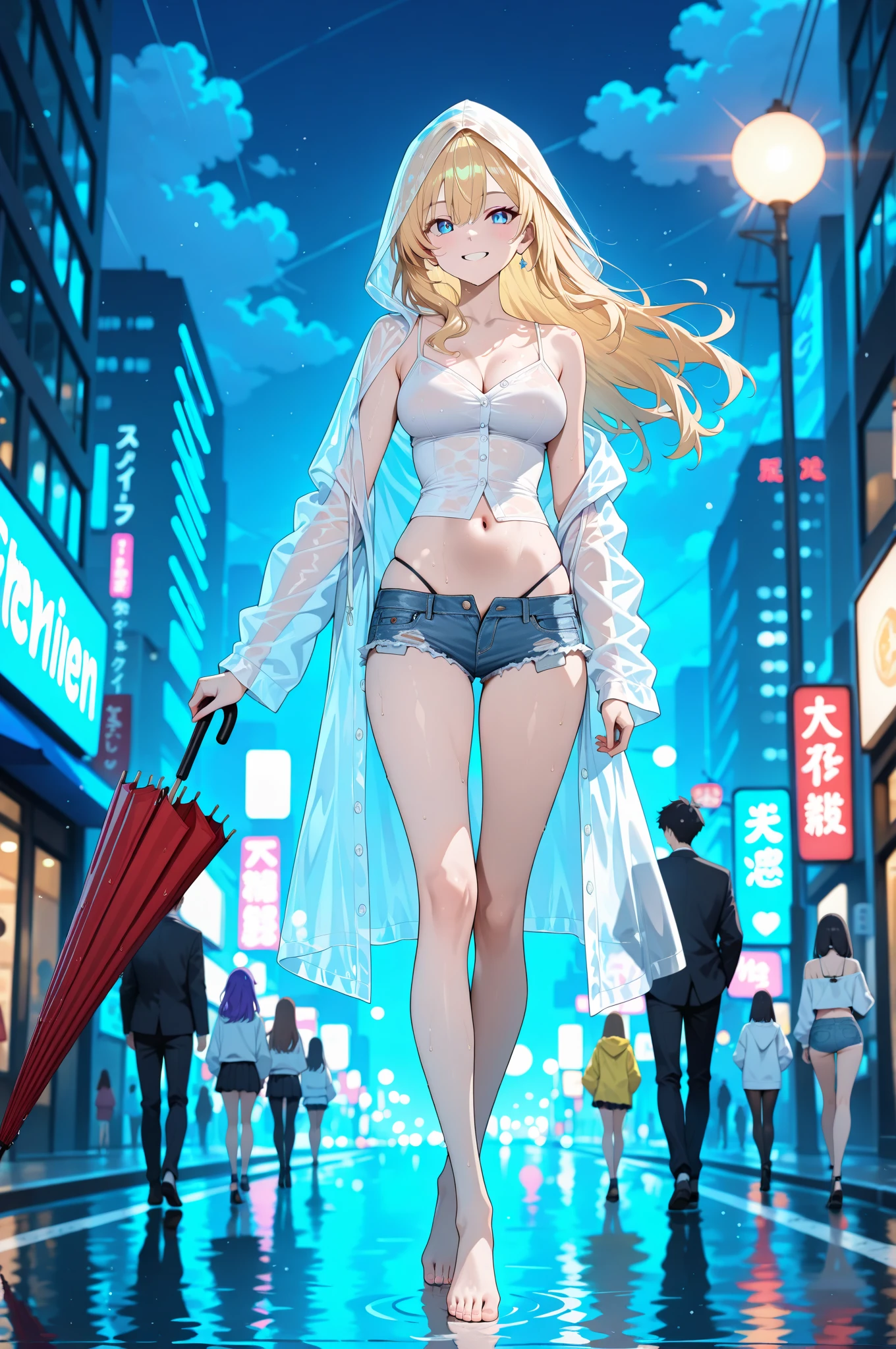(8k, RAW photo:1.2),(portrait:1.4),best quality, ultra high res, photography, masterpiece, best quality, 8K, HDR, highres,1girl, solo, walking in street, raining, blue eyes, earrings, blonde hair, large breasts, long hair, looking at viewer, navel, white panties, full body, standing, parted lips, sandals, long sleeves, see-through, white shirt, wet clothes, wet skin, wet hair, bare legs