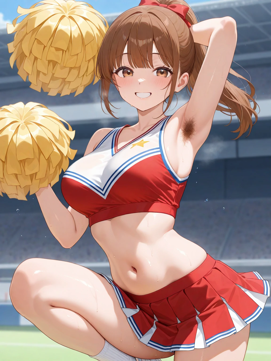 upper body,mamori anazaki, short hair, blue eyes, brown hair,cheerleader,miniskirt,white panty,large breasts,cleavage,(underboob:1.3),midriff peek,smile,open mouth,sexy pose,masterpiece,Noise Reduction,perfect anatomy,high resolution, ultra-detailed,game cg,dutch angle ,beautiful detailed eyes,visualart,five fingers, perfect hands, perfect lighting,