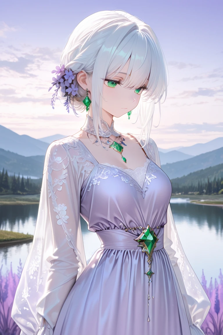 "Create a digital anime style illustration of a beautiful forest goddess。, Short White Hair. She wears a detailed white dress decorated with leaf and floral patterns.., Perfect for a fantasy theme. The dress design is active.,  Cover with additional fabrics and natural elements such as leaves and vines. Characters should have an elegant and mature appearance, like fairies., Look around 2, A calm look with expressive eyes. There is a rich background, A mysterious forest woven with soft light and shining plants, Enhance the mystical atmosphere."