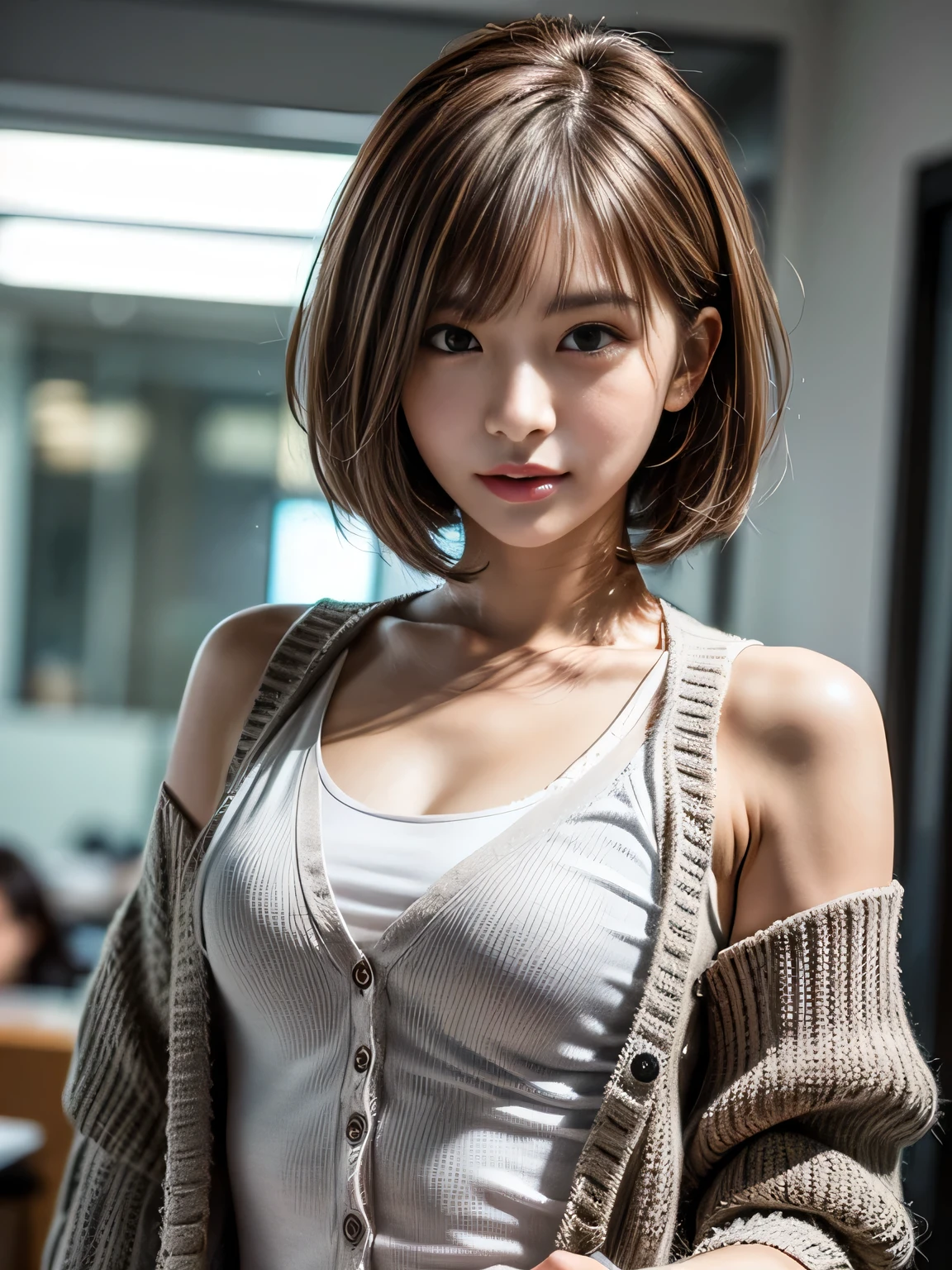 A beautiful young Japanese female office worker, model-like appearance, upper body shot, Attractive smile, Highly detailed face and skin texture, perfect face, Detailed eyes, droopy eyes, (natural makeup), glossy lips, hyper pretty face, (22 years old:1.3), (Bob cut Hairstyles with brown ash hair:1.3), Slender, Stylish, (dark gray cardigan:1.3), (White blouse), radiant skin, subtle highlights, realistic lighting, highly detailed, high resolution, 8K, masterpiece,