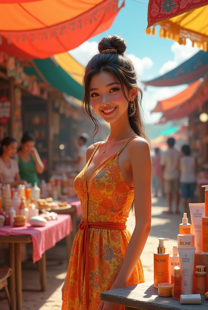 (photorealism:1.2), beautiful White woman, Walking in china city street, wearing Pink loose off-shoulder top, Black soft bra, big breasts, Healthly body, naughty smile on face, Black pajama pants, long curly hair, soft lighting, China city street surroundings, relaxed pose, realistic, intricate details, warm colors, by Greg Rutkowski, by Alphonse Mucha