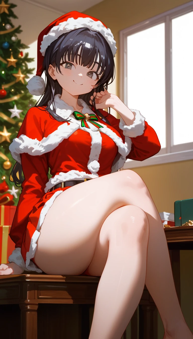 ultra-quality, ultla highres, Hyper Detailed, High contrast, Ultrafine Strike, creative refinement,A dark-haired,ssmile,Santa Claus Costume,Show cleavage,livingroom,5 fingers