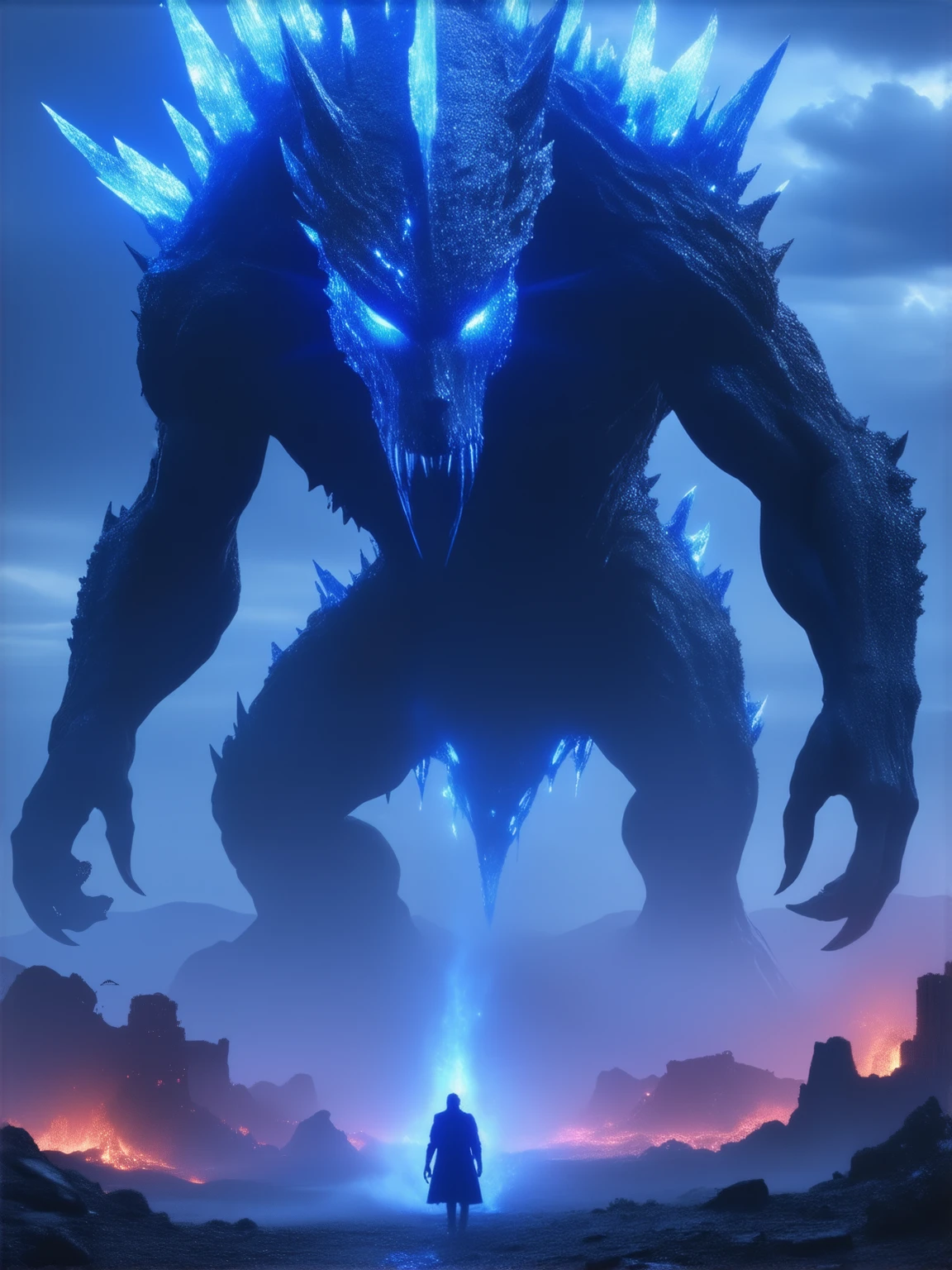Godzilla, the ocean, background is a futuristic city, scifi style, blue and violet, brightly, Sky background at night, many stars and a moon that splits in two, ultra photo realism