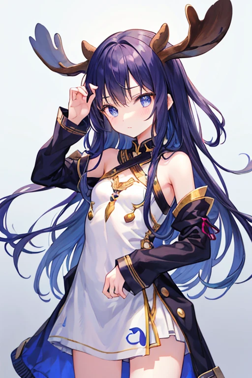 Anime sexy princess girl with black long hair, two buns, pearl white eyes, wearing black with prominent pearl white line dress 
