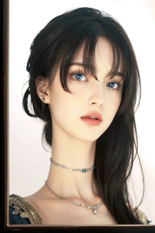 (highest quality, masterpiece:1.3), (Very detailed), RAW shooting, Very detailed, High resolution, Human skin close-up, The skin texture is natural, It must be detailed enough to be easily identifiable, Skin should look healthy and have an even tone, Use natural light and color, ((Romanian national costume)), ((Mountain, blue sky, The body is slim)), 1 girl, 18-year-old, Long Hair, smile, Turn your body forward, (View from the front:1.1), Looking into the camera, Brown Hair, ((Black choker)), Very long eyelashes, blue eyes, bangs, (Outdoor, blue sky), Big Breasts, Red lips、((Vampire Fangs)), Fantasy, Cowboy Shot