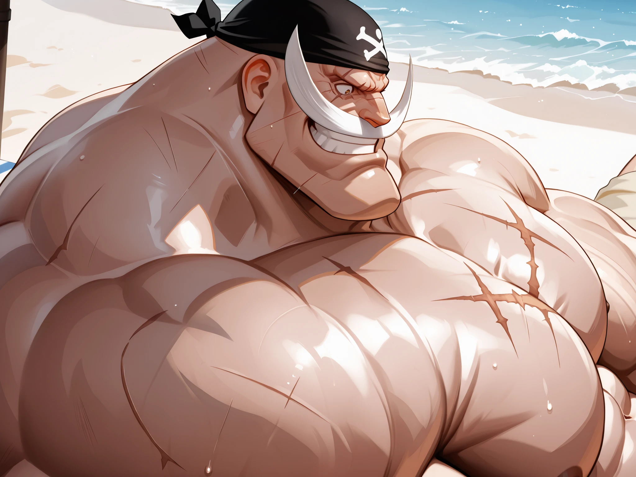 solo, huge muscular old man,(shirohige, black bandana, shirohige mustache, shirohige eyes, beardless:1.3, scar on ),  grin, ((shirtless, )), shorts, sunbathing, beach, big pec, very huge pectoral, side view, pec focus, happy, bald, very huge pectoral, detailed face:1.3, portrait, face focus, eyes, wide shoulder, thick arms, wide pectoral, muscle, short hair:1.2, masterpiece:1.2, semirealistic:1.2, high detailed, 8k, high resolution