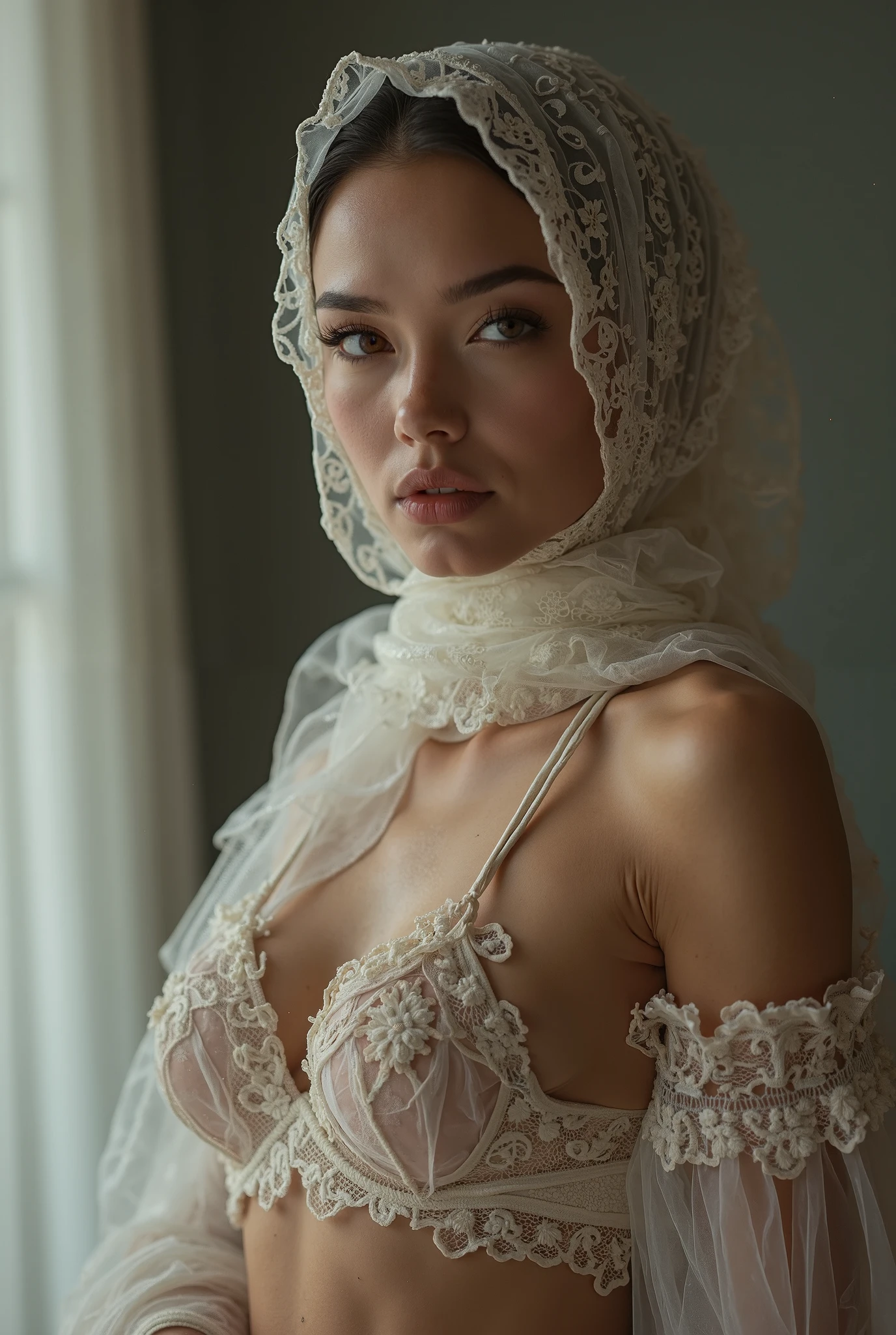 Mulher linda e sexy usando um niqab branco e transparente, olhar sexy, pose elegante