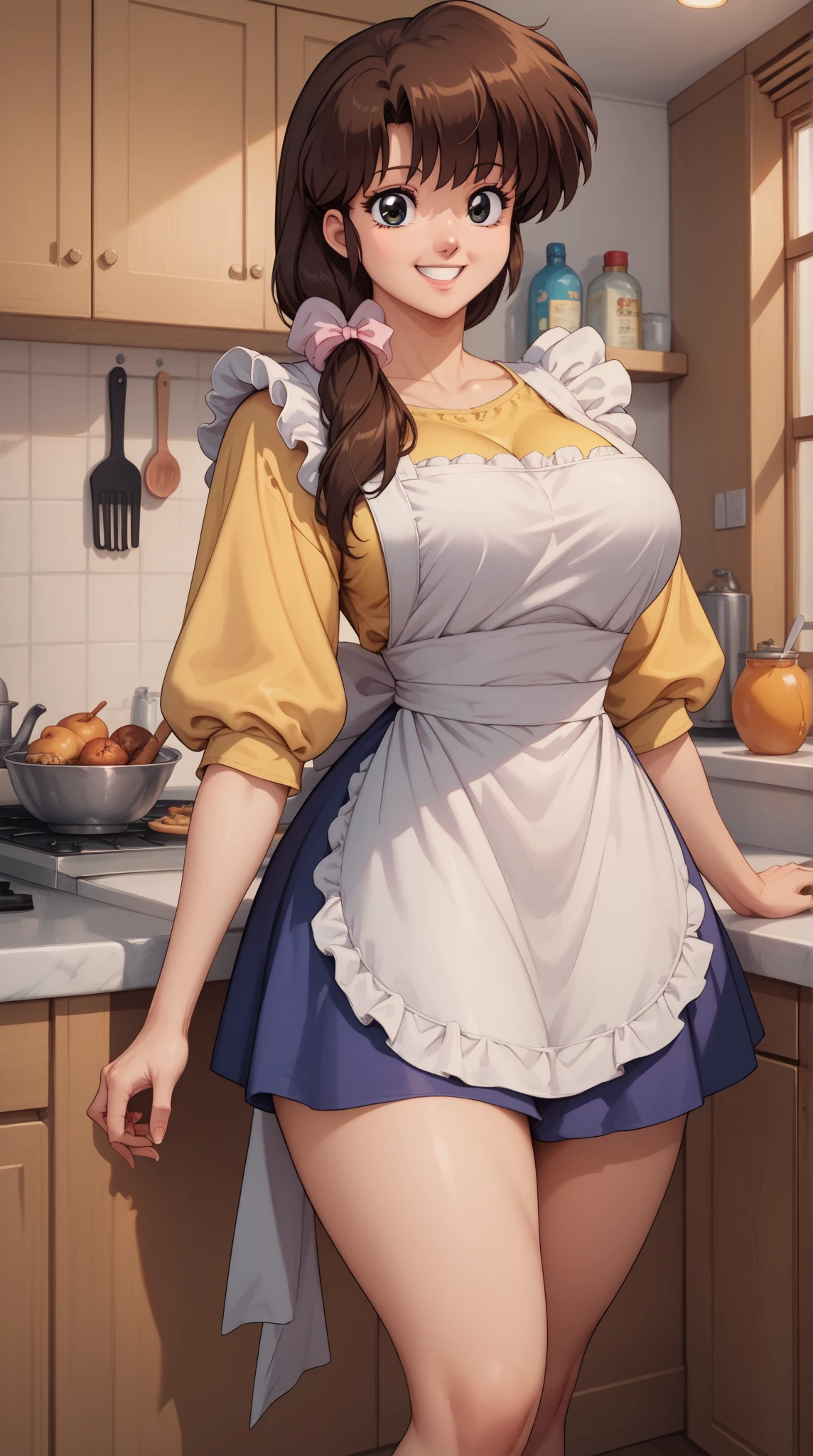 1 girl, solo, brown twin-tailed, naked: 1.5, (floral apron), big, cleavage, cleavage emphasized, thighs, café background, smile, blush: 1.1, beautiful legs, from below, lifting apron,