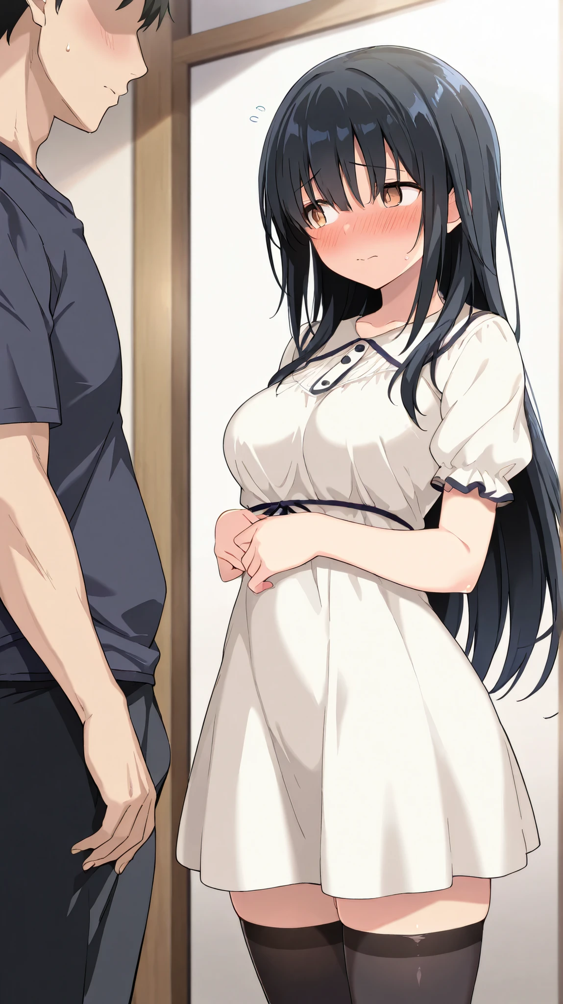 SFW, Realistic,Best image quality, Tabletop, Street Corner,Alley,Very fine, Extremely hot standing (Woman 1) Use something sexy ((naked)), (Highlighted Hair, long dark dark blue hair,Beautiful detail body, きらきら輝くBlack eyes,)、(Black eyes)、(((naked)),(Big Breasts)、 (Big Ass), (Thick thighs), (Fearful expression), Blushed, old small man ass groping Woman 1 from behind,(((old small man pressing his chest on Woman 1 back))) and (((Hold her back by her waist)))naked,naked,Sex