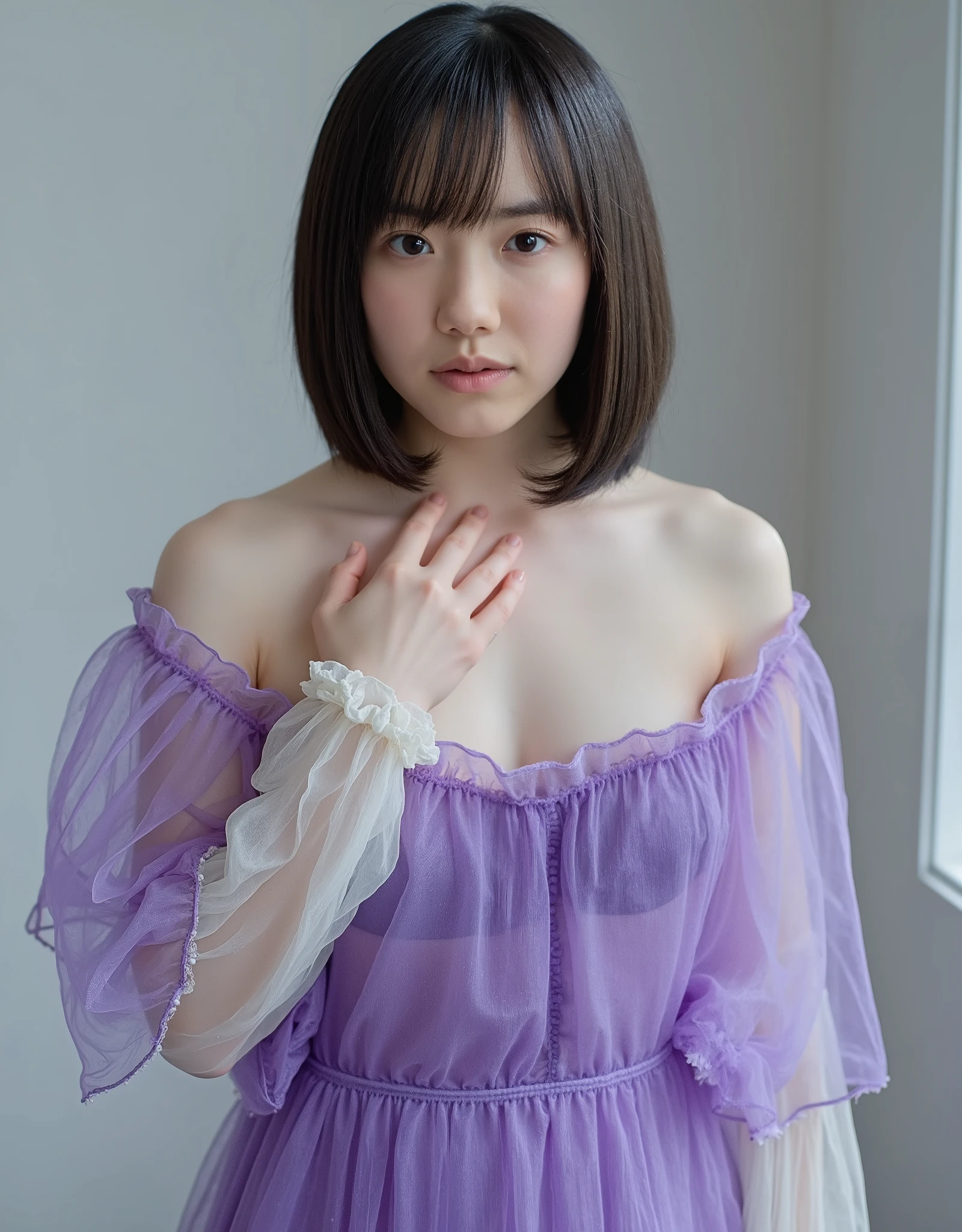 young woman, Mana-chan. she wears an off-the-shoulder purple sheer dress, deep v-neck, It has raffle trimmings, wearing white sheer gloves with delicate frills. adds an elegant and sophisticated vibe, semi-long hair, bungs. her skin is white as snow, reveals her sexy chest, and she has a slender figure, and her right arm is placed on her chest. She wears an off-the-shoulder purple see-through dress {x} The overall scene exudes romance and fantastic beauty, perfect for fashion photography and artistic expression.