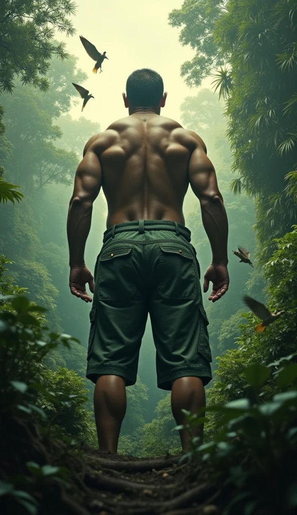 21 year old Indonesian Asian man, very long straight hair,
body weight 40 kilo grams, strong body, shirtless, tight panties very big bump visible, hands up pose, both legs stand wide open, feet wearing flip flops, in the village there is housing, many banana trees, smiling facial expression