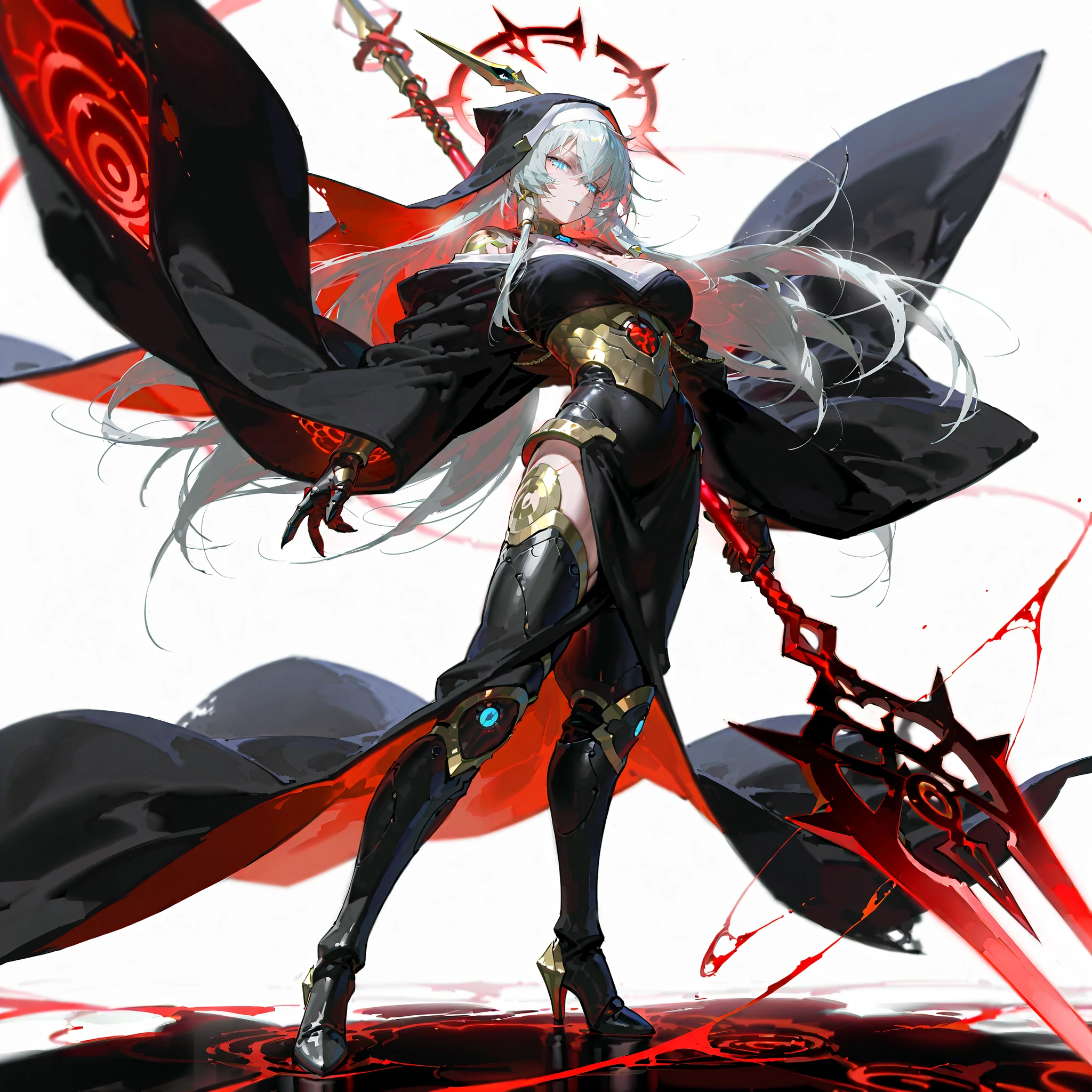 (((masterpiece))), (((Best Quality))), ((Ultra-detailed)), ((extremely delicate and beautiful)),solo, Full body, (phyrexian robotic female)(phyrexian android female) (mechanical undead lady) skin replaced with iron, (pale gold hair and glowing ultra-blue eyes) (ragged red Japanese nun's habit)(red ragged kimono) (raise up huge obelisk-spear head polearm weapon)(high-heeled boots), ultra-massive, very muscular, highly detailed, highest details, full body standing, Whole body, (((white background)))