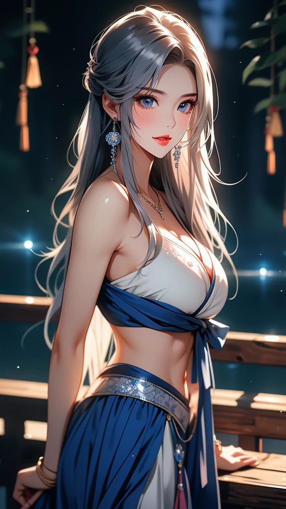 (masterpiece, best quality, photorealistic, cinematic), expressive eyes, perfect face, perfect hands, large cleavage, long round legs, round ass, (((anime girl posing in a form-fitting light blue and sleeveless kimono-style blouse, tied with a dark obi around her waist and short deep blue shorts))), (cool toned silver-haired mage, a loose waves or a gentle curl hairstyle), seductive anime girl, Ayaka genshin impact, extremely detailed artgerm, from girls frontline, range murata and artgerm, xianxia, style artgerm, beautiful alluring anime woman, thicc, guweiz on artstation pixiv, ((nude)), ((medium shot)), ((dynamic background))