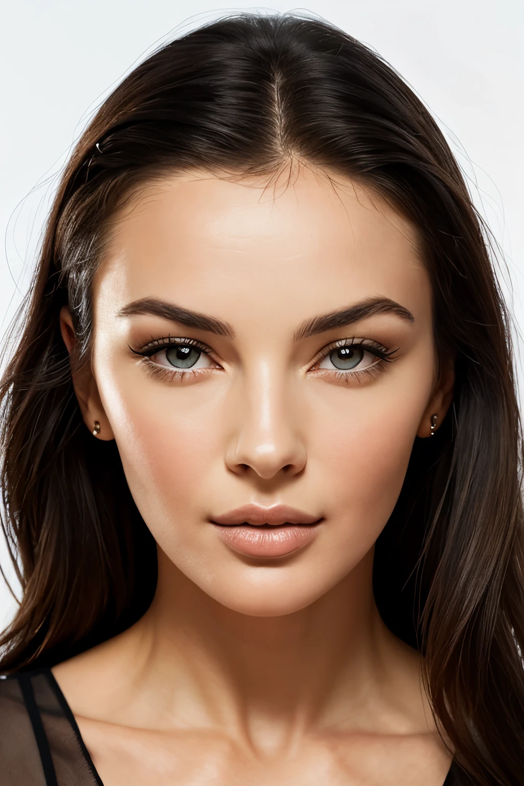A frontal passport-style portrait of the most beautiful woman in the world, combining the elegant facial features of Monica Bellucci and the timeless classic beauty of Audrey Hepburn. The face is perfectly symmetrical, with flawless skin, expressive eyes, and a graceful, captivating expression. The background is neutral and simple to emphasize the face, creating a look of both modern sophistication and classic charm
