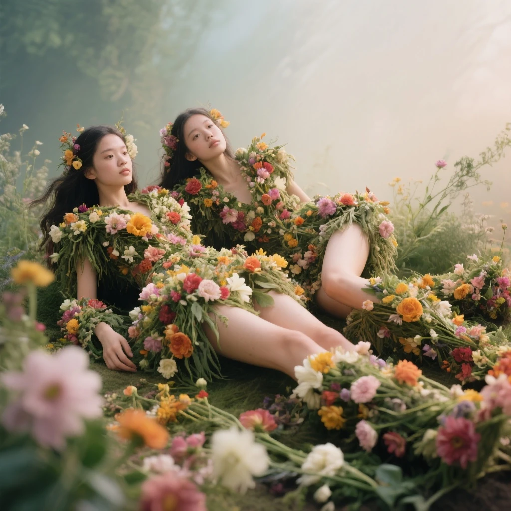 arafed woman laying on a table with flowers on it, full body in view, paradise garden , whole body photography, full body length shot, full body wide shot, bed of flowers on floor, full body pose, laying down, she is laying on her back, lying on a mandala, body covered in floral tattoos, japanese shibarilowers