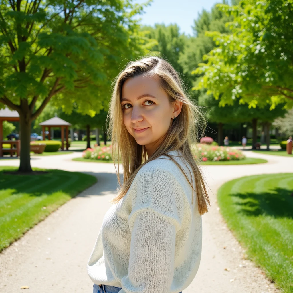 Blonde influencer with slightly wavy hair, portant un jean décontracté et un t-shirt blanc ajusté, assise sur un banc en bois dans un parc fleuri. Elle tient un livre ouvert sur ses genoux, les pages légèrement soulevées par la brise, and she smiles warmly at the camera. His face radiates serenity and contentment, capturing a moment of tranquility surrounded by nature.
Around her, flowering trees display vibrant blooms of pink cherry trees and white magnolias, creating an idyllic setting. Colorful lavender bushes, d’hortensias et de roses ajoutent des touches vives de pourpre, de bleu et de rouge au paysage. The ground is strewn with fallen petals, formant un tapis naturel sous ses pieds.
Background, a winding gravel path winds through the park, inviting for a walk. Des oiseaux chantent joyeusement, and a gentle buzz of bees collecting flowers fills the air, ajoutant à l’ambiance paisible. Un étang tranquille avec des nénuphars et des canards nageant doucement peut être vu au loin, reflecting the blue sky dotted with a few white clouds.
Similar benches are scattered throughout the park, certains occupés par des couples ou des lecteurs solitaires, chacun profitant de la beauté de la nature. Sunlight filters through the leaves, casting dense shadows and creating a light mosaic on the ground. L’atmosphère est calme et détendue, offrant une parfaite évasion du tumulte quotidien.