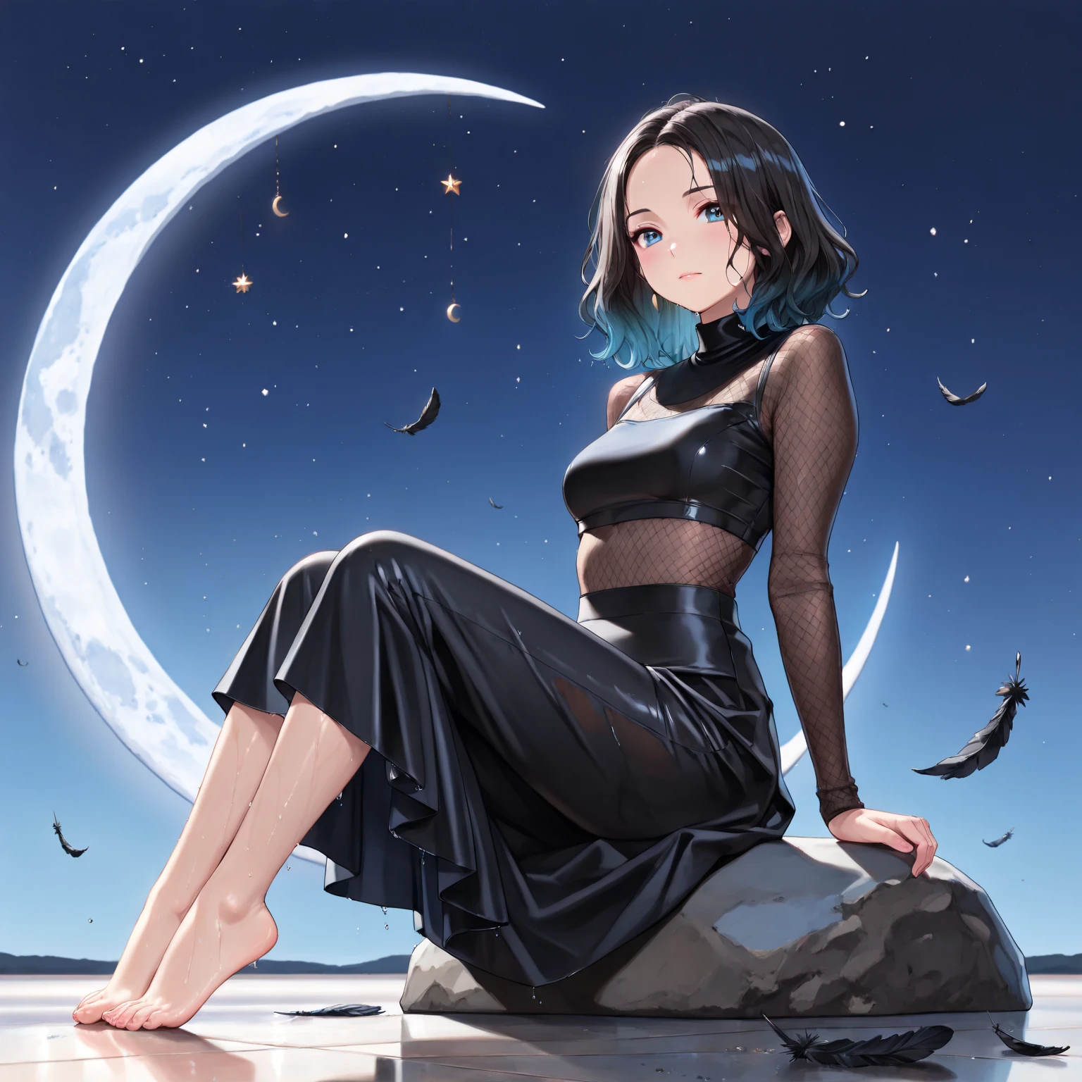 girl, solo, loose dress, slim,shaply, sitting, (dark hair with blue shade), bright eyes, slim hips, collar dark forest, (dark night), (very detailed moon), from bellow, from side, dynamic pose, pale skin, yellow eyes, pointy ears, sad,blue shade hair, glowing skin,