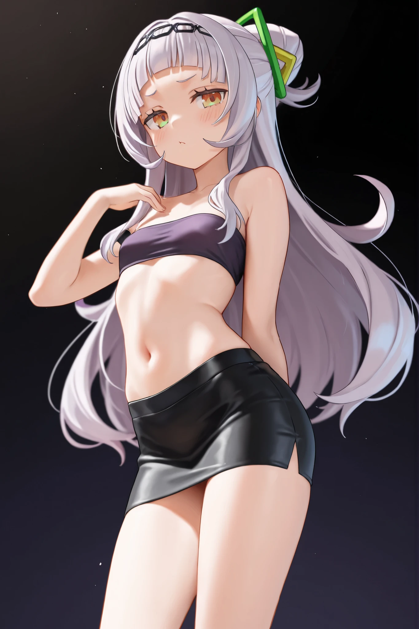 Long silver hair, reddish pink eyes, medium breasts, slim body, cute, black mini skirt
