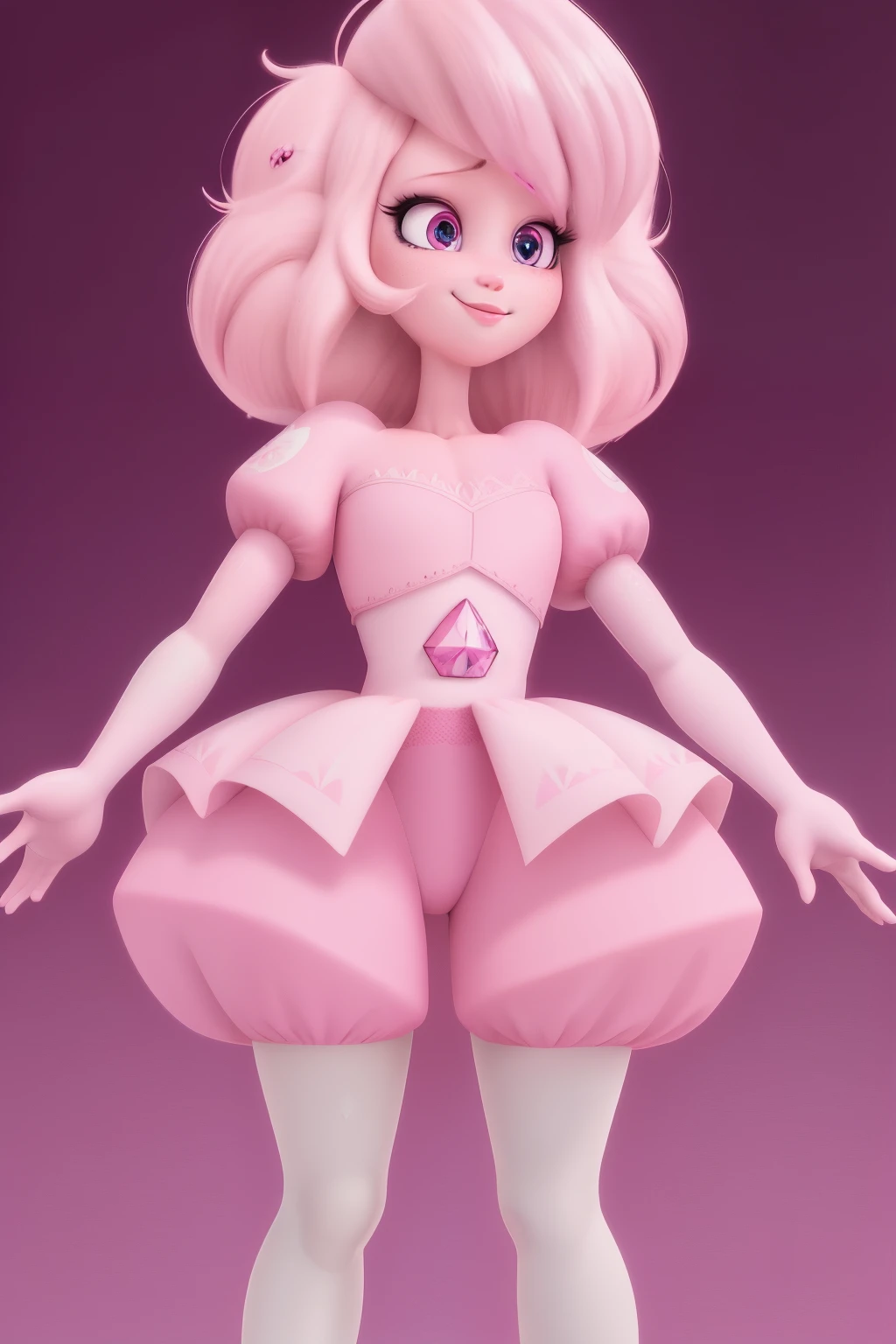 pnkdamond, pink hair, pink eyes, big hair, stomach gem, pink skin, toned,
puffy short sleeves, elbow gloves , white thighhighs, puffy dress,
standing, upper body,
outerspace,
(insanely detailed, beautiful detailed face,beautiful detailed eyes, masterpiece, best quality) cinematic lighting, smile,